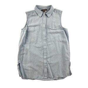 Primark Sleeveless Shirt Women's Small Light Blue Button‎ Down Chambray Pockets